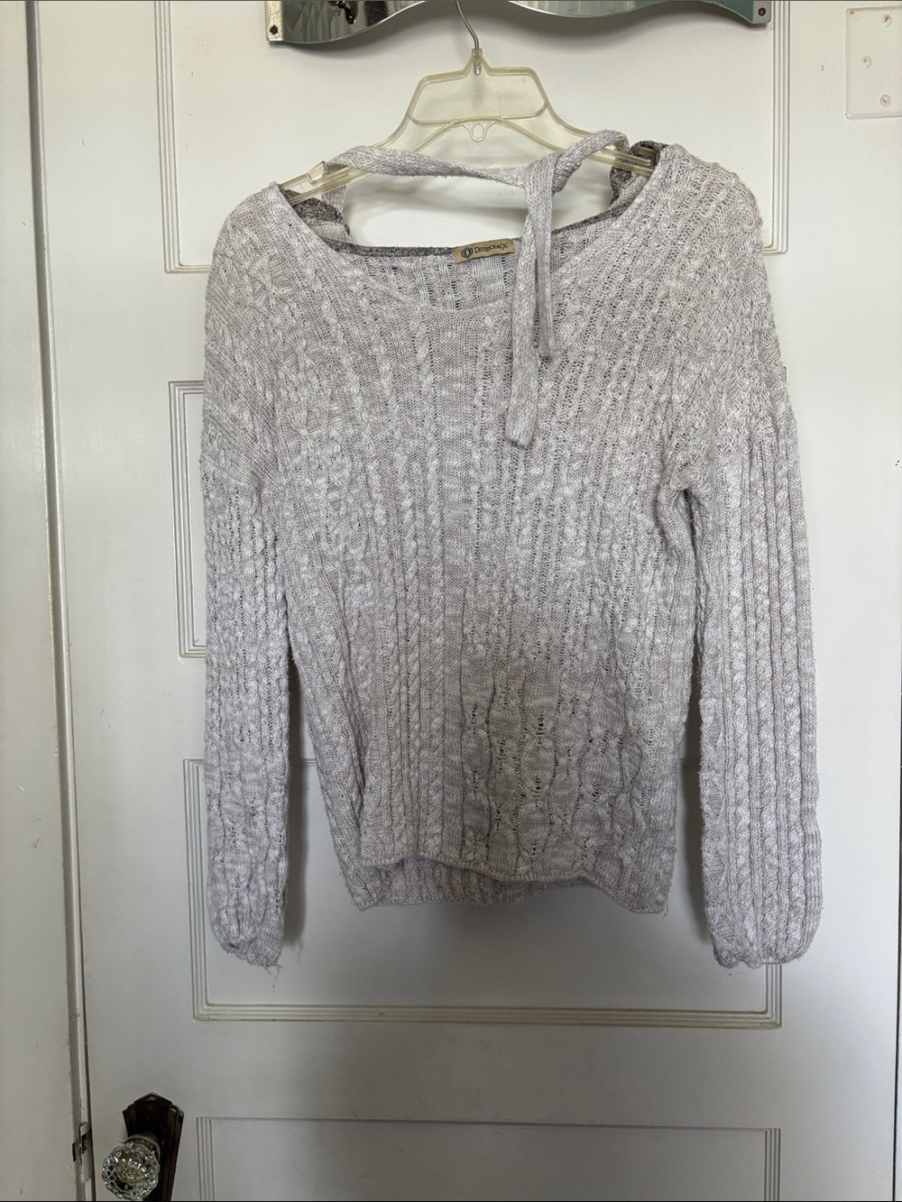 Democracy Cozy Cable Knit Women's Hooded Sweater Light Gray Size M